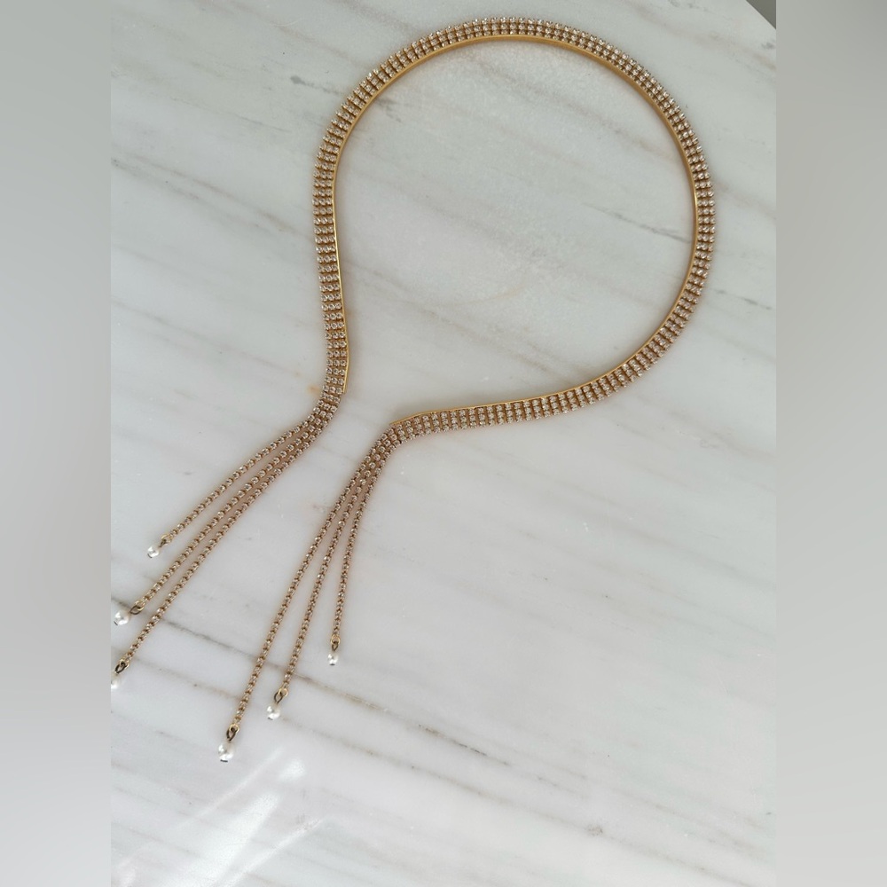 Lelet NY Emily Fringe Tassle Headband Crystal & Pearl Luxury Hair Accessory Gold